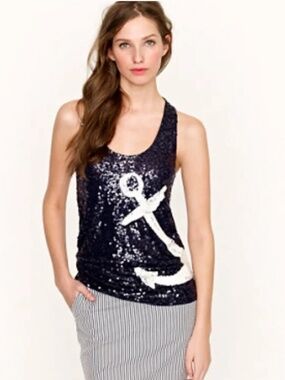 J. Crew Navy Blue &‎ White Sequined Anchor Tank Nautical  XXS